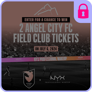 Text reads "Enter for a chance to win 2 Angel City FC Field Club Tickets on July 6, 2024," with a stadium background and NYX Professional Makeup branding.