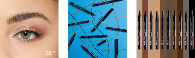Close-up Lift & Snatch! Brow Tint Pen in Brunette, next to products against blue & nude backgrounds