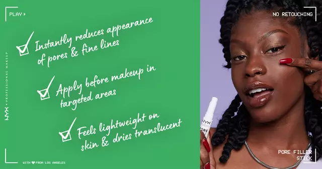 Model holding Pore Filler Stick next to text featuring lightweight fine line & pore blurring formula
