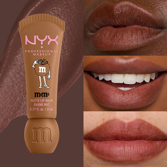 NYX Professional Makeup M&M’S Smushy Surprize Matte Lip Balm in Brown, shown with brown matte finish on lips of various skin tones.