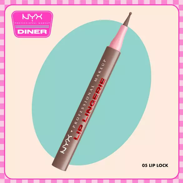 NYX Professional Makeup Lip Lingerie Lip Liner Stain in 05 Lip Lock shown on a beige background with a teal oval and NYX Diner logo