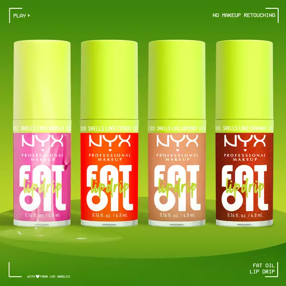 Lineup of 4 newest shades in the Fat Oil Lip Drip Collection: Suga Baddie, Juicy Boo, Coconut Cutie, and Caramelt Mami.