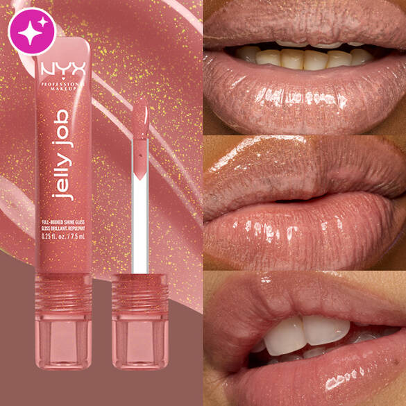 Packshot & 3 models with varying skin tones wearing Jelly Job Jelly Lip Gloss in 'Honey, It's Jelly', a nude pearl shimmer 