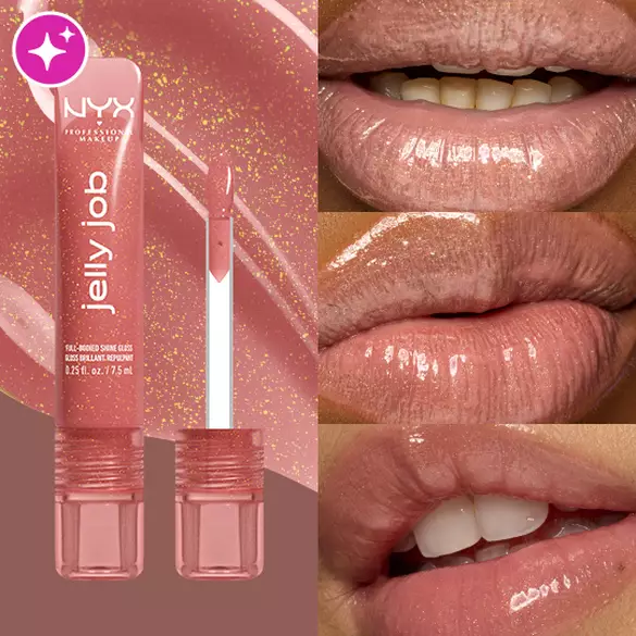 Packshot & 3 models with varying skin tones wearing Jelly Job Jelly Lip Gloss in 'Honey, It's Jelly', a nude pearl shimmer