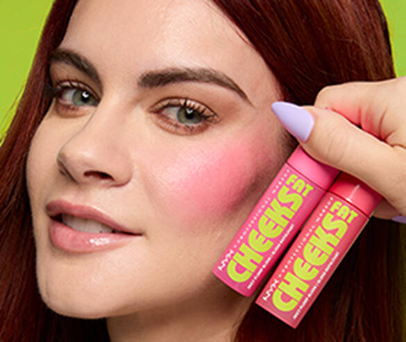 Closeup of woman with sunset blush look and the two Fat Cheeks Juicy Blush shades used to create the look