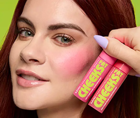 Closeup of woman with sunset blush look and the two Fat Cheeks Juicy Blush shades used to create the look