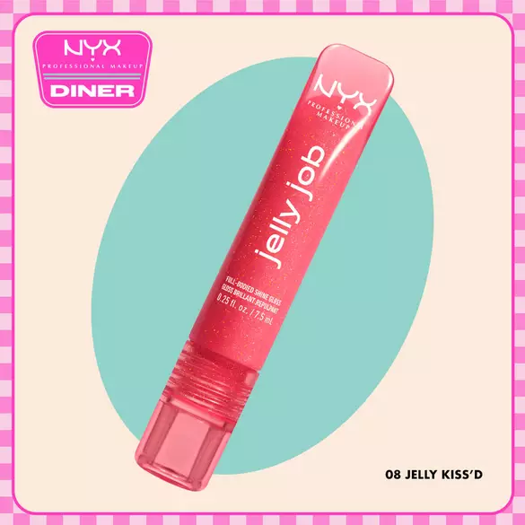 NYX Professional Makeup Jelly Job in 08 Jelly Kiss’d shown on a beige background with a teal oval and NYX Diner logo