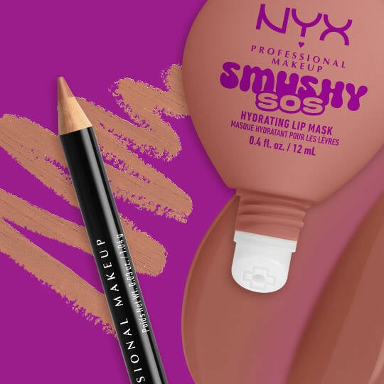 NYX Professional Makeup Slim Lip Pencil in Natural paired with Smushy SOS tinted lip treatment in Shea So Smooth, with swatches