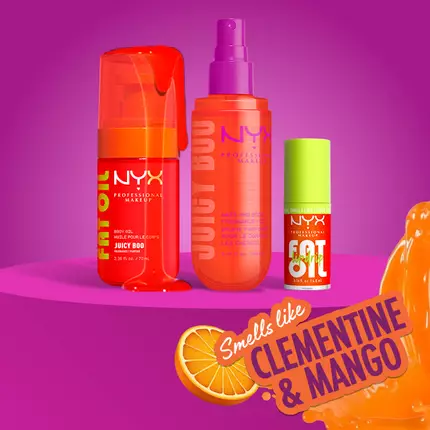 Product shot showing the entire Juicy Boo Body Care Collection from NYX Professional Makeup with callout: smells like clementine & mango.