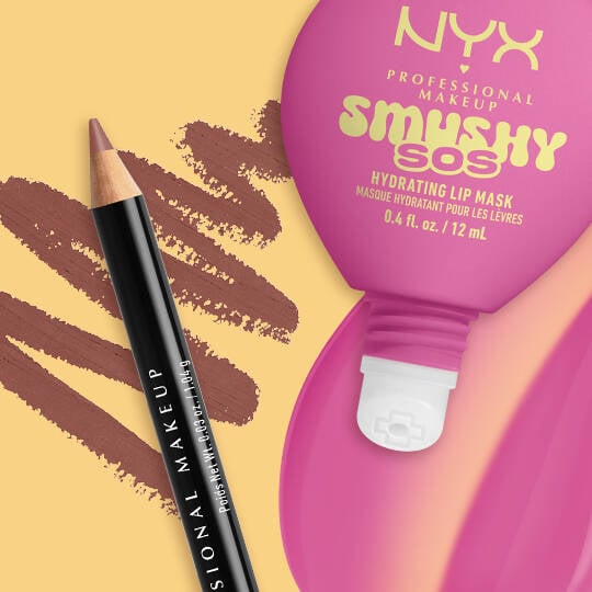 NYX Professional Makeup Slim Lip Pencil in Mauve paired with Smushy SOS tinted lip treatment in Lavender Soother, with swatches