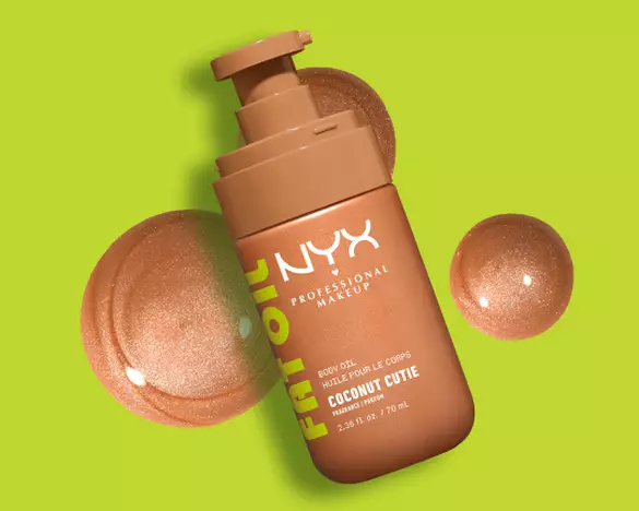 NYX Professional Makeup Fat Oil Body Oil in Coconut Cutie with a textured oil behind the packshot. 