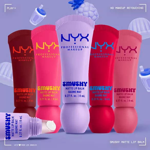 Several shades of Smushy Matte Lip Balm lined up on purple background