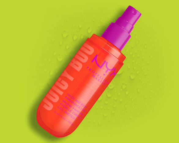 Product shot of Juicy Boo Hair & Body Fragrance Mist against lime green background as step 2 of body care routine.