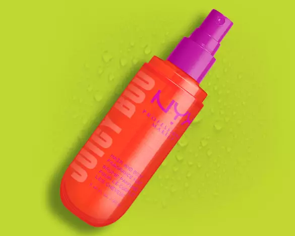 Product shot of Juicy Boo Hair & Body Fragrance Mist against lime green background as step 2 of body care routine.