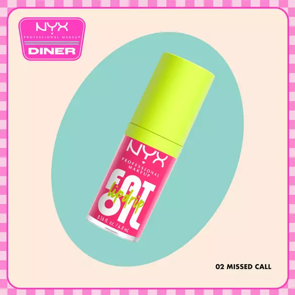 NYX Professional Makeup Jelly Job in 08 Jelly Kiss’d shown on a beige background with a teal oval and NYX Diner logo