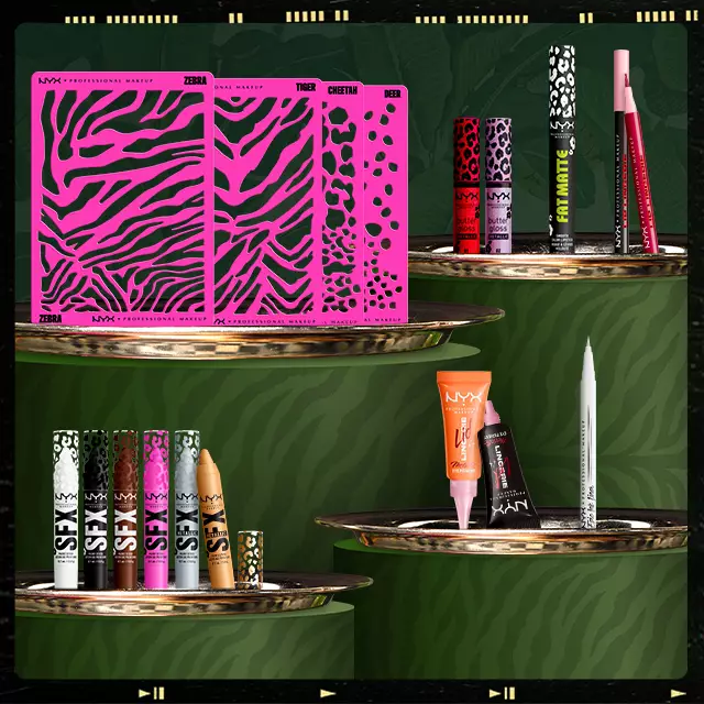 NYX Professional Makeup Party Animals collection display with Zebra, Tiger, Cheetah and Deer makeup palettes, plus SFX Paint Sticks, Butter Gloss, Fat Matte, Epic Ink Liner, Lid Lingerie and Lip Lingerie products.
