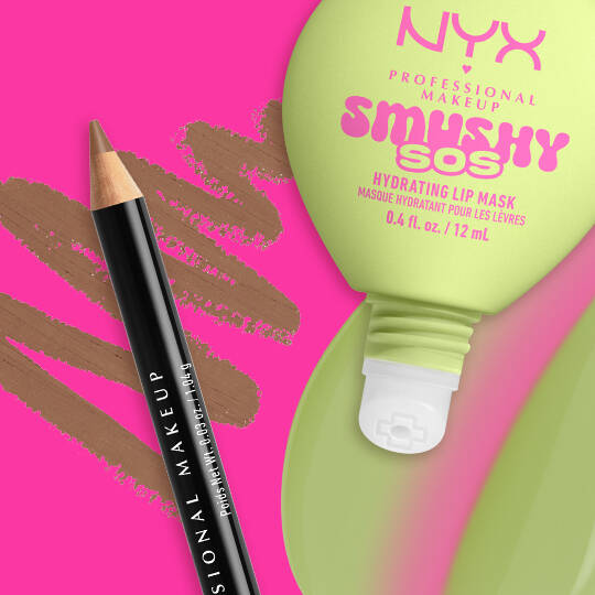 NYX Professional Makeup Slim Lip Pencil in Nude Beige paired with Smushy SOS tinted lip treatment in Green Sereni-Tea, with swatches