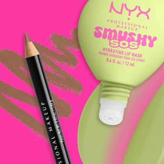 NYX Professional Makeup Slim Lip Pencil in Nude Beige paired with Smushy SOS tinted lip mask in Green Sereni-Tea, with swatches