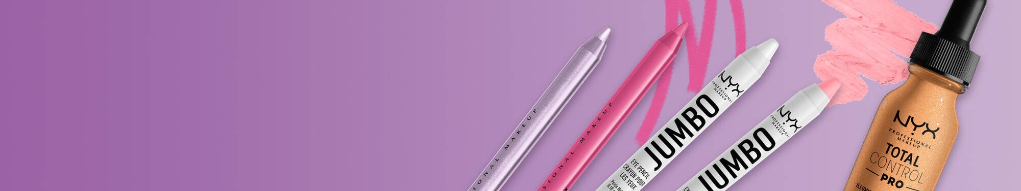 NYX Jumbo Eye Pencils, Total Control Pro foundation, and pink swatches on a purple background.