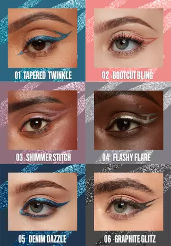 A nine-panel grid showcasing various eye makeup looks created with different shades of the NYX Professional Makeup Epic Ink Liner. The looks, on a range of skin tones, feature both classic winged liner and creative graphic designs. Shades shown include: 01 Black, 03 Dark Chocolate, 04 Milk Chocolate, 05 Graham Cracker, 06 Lil Toasty, 07 Marshmellow, 08 Vintage Baby, 09 Stone-Washed, and 10 Midnight Rise.
