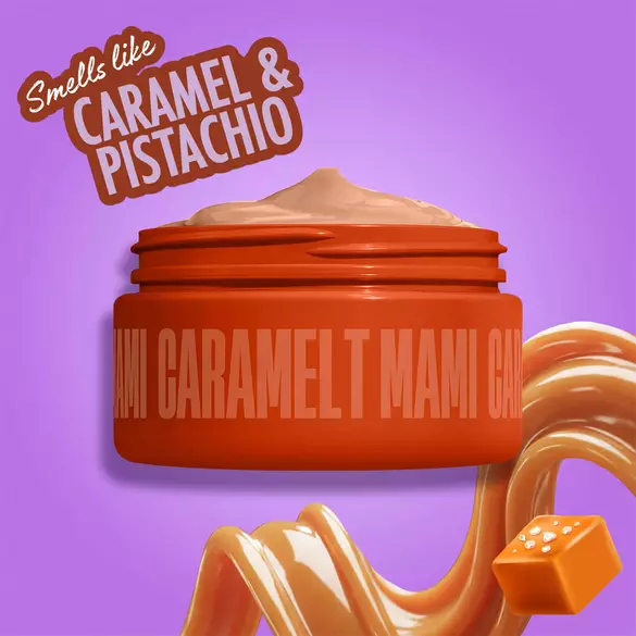 NYX Professional Makeup Caramelt Mami body cream in an orange jar, with caramel swirl and caramel candy, labeled as smelling like caramel and pistachio, on a purple background.