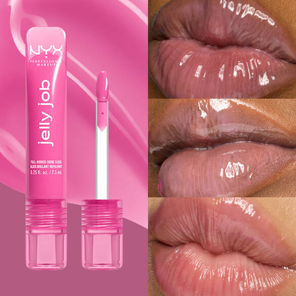 Packshot & 3 models with varying skin tones wearing Jelly Job Jelly Lip Gloss in shade 'Jelly Icing', an icy lilac color