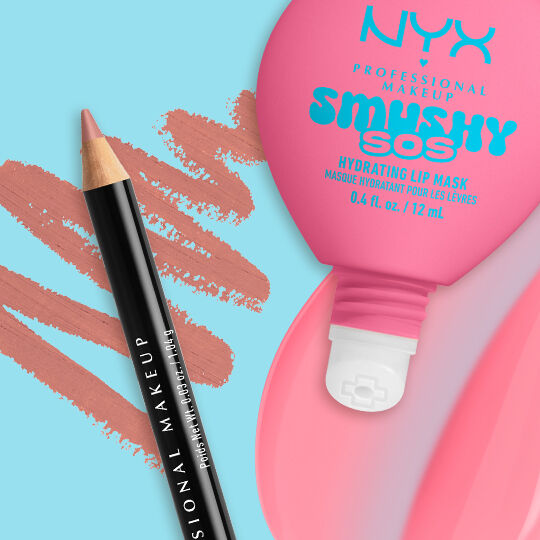 NYX Professional Makeup Slim Lip Pencil in Nude Pink paired with Smushy SOS tinted lip treatment in Guava Glaze, with swatches