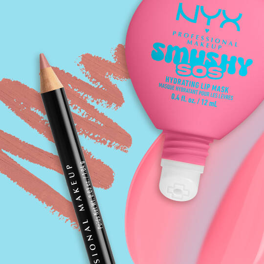 NYX Professional Makeup Slim Lip Pencil in Nude Pink paired with Smushy SOS tinted lip treatment in Guava Glaze, with swatches