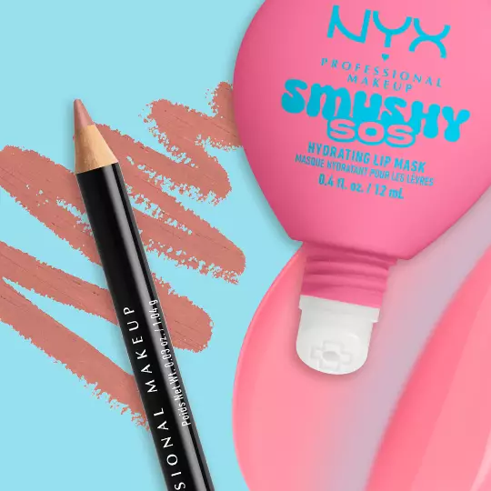 NYX Professional Makeup Slim Lip Pencil in Nude Pink paired with Smushy SOS tinted lip mask in Guava Glaze, with swatches