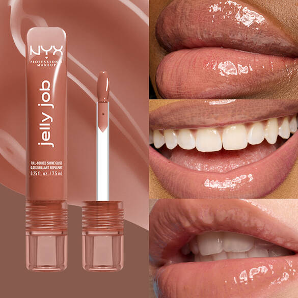 >Packshot & 3 models with varying skin tones wearing Jelly Job Jelly Lip Gloss in shade 'Toast N' Jelly', a pale nude color