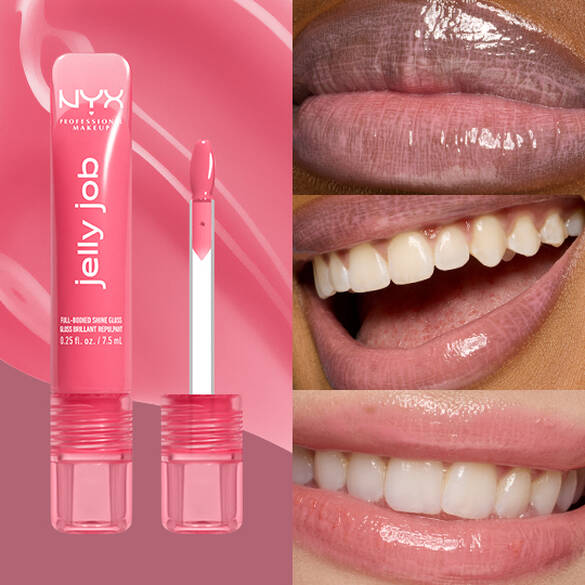 Packshot & 3 models with varying skin tones wearing Jelly Job Jelly Lip Gloss in shade 'Jelly Blushin'', a pale pink color'