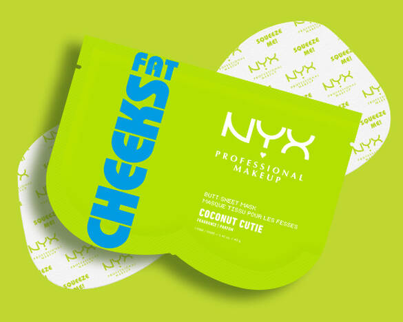 Producf shot of Fat Cheeks Butt Mask against lime green background as step 1 of body care routine.
