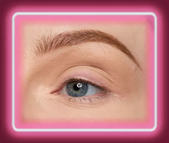 Step 1 of the Lid Lingerie eye look: 03 Beige Appeal matte cream eyeshadow softly contoured into the crease of a fair-skinned eye, framed in a pink neon border.