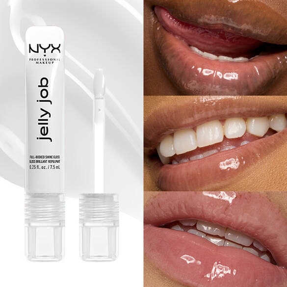 Packshot & 3 models with varying skin tones wearing Jelly Job Jelly Lip Gloss in shade 'Just Jelly', a clear color