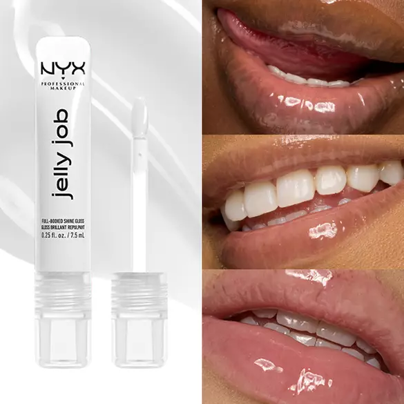Packshot & 3 models with varying skin tones wearing Jelly Job Jelly Lip Gloss in shade 'Just Jelly', a clear color