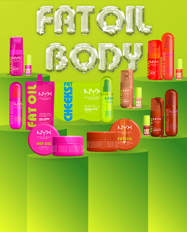 NYX Professional Makeup Fat Oil Body collection displayed on green podiums, featuring body butter jars, body oils, mists and cheek products in bright pink, orange and nude packaging.