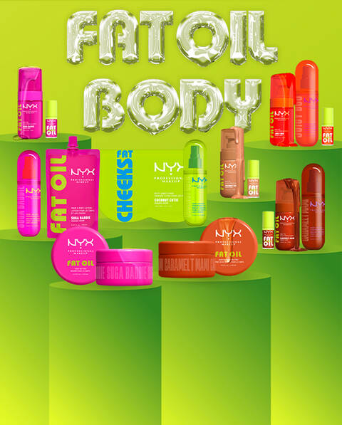 NYX Professional Makeup Fat Oil Body collection displayed on green podiums, featuring body butter jars, body oils, mists and cheek products in bright pink, orange and nude packaging.