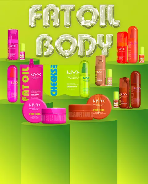 NYX Professional Makeup Fat Oil Body collection displayed on green podiums, featuring body butter jars, body oils, mists and cheek products in bright pink, orange and nude packaging.