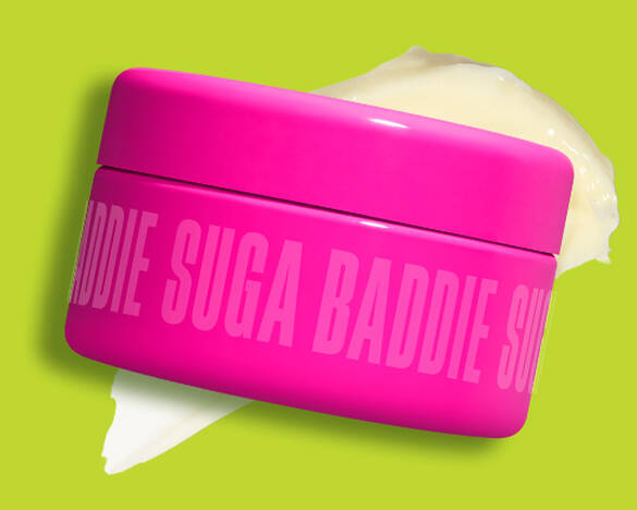 Product shot of Fat Oil Body Butter in Suga Baddie with swatch against lime green background as step 1 of body care routine.