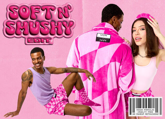 Soft n' Smushy Edit pink banner with three models wearing NYX Professional Makeup brand merch