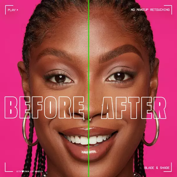 woman facing forward showing before and after of Blade & Shade Nano Brow Pencil]