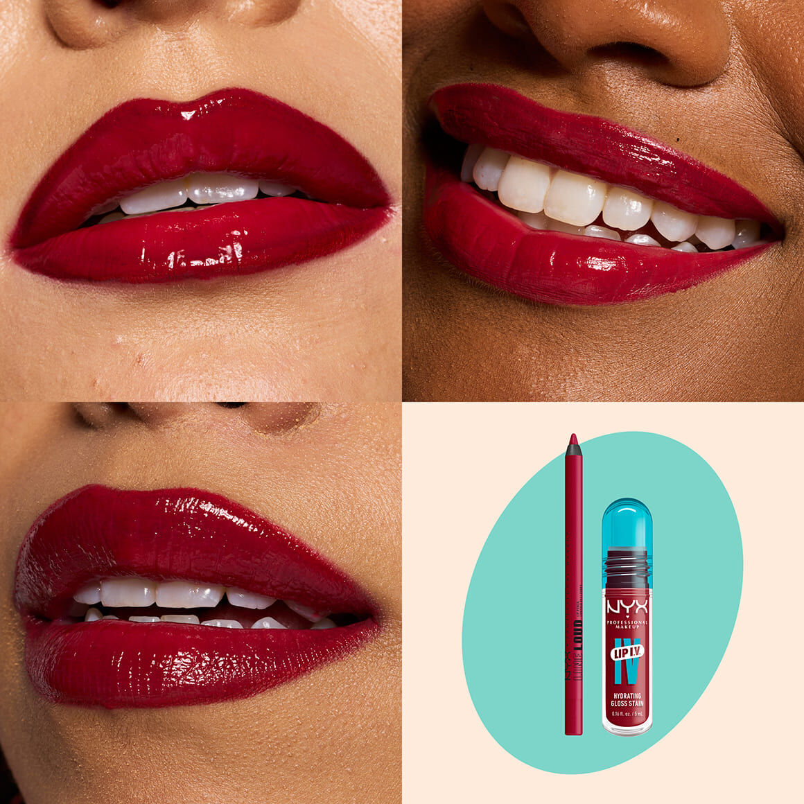 NYX Professional Makeup Line Loud Lip Liner in 12 On a Mission and Lip IV Hydrating Gloss Stain in 10 Berry Thirsty shown on three glossy lip swatches with product packshot
