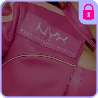 Close-up of a pink leather jacket with "NYX Professional Makeup" logo embossed on the front.