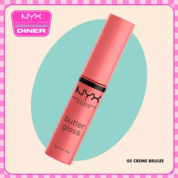 NYX Professional Makeup Butter Gloss in 05 Creme Brulee shown on a beige background with a teal oval and NYX Diner logo