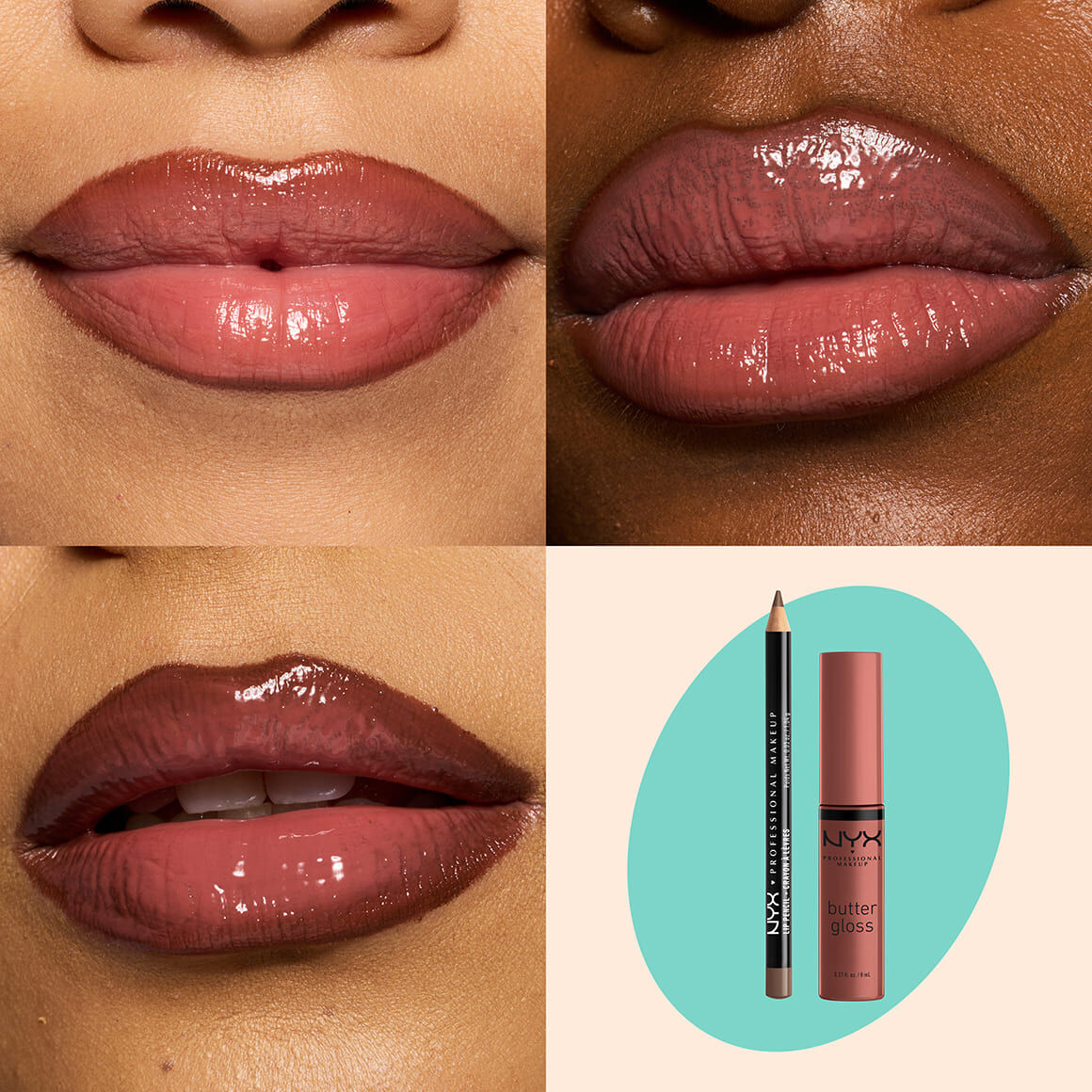 NYX Professional Makeup Slim Lip Pencil in 820 Espresso and Butter Gloss in 16 Praline shown on three glossy lip swatches with product packshot