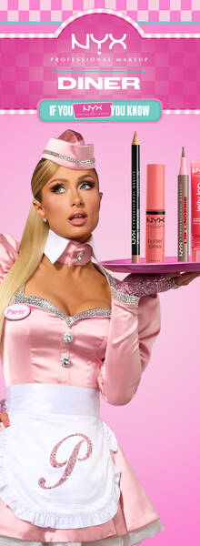 Paris Hilton at NYX Diner, carrying tray of lip liner and lip gloss combos