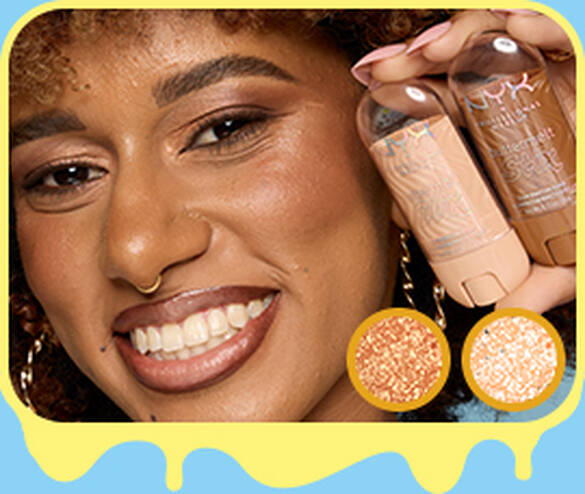 Model smiling holding NYX Buttermelt Stix in Melt You Later 11 and Let Me Melt 08 showing layered glowy results