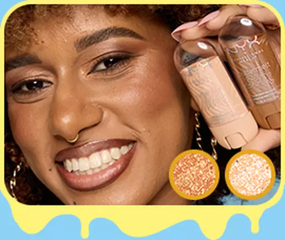 Model smiling holding NYX Buttermelt Stix in Melt You Later 11 and Let Me Melt 08 showing layered glowy results