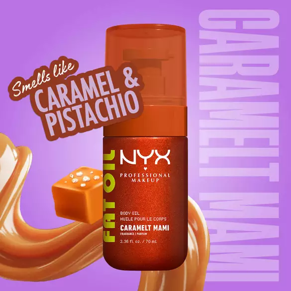 NYX Professional Makeup Fat Oil Body Oil in Caramelt Mami scent, bright golden bronzed bottle, with caramel, labeled as smelling like caramel and pistachio, on a purple background.