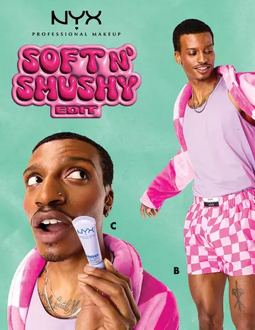 NYX Soft N' Smushy Edit campaign featuring a person in pink checkered shorts and a matching jacket, holding a product. Text reads "Soft N' Smushy Edit."